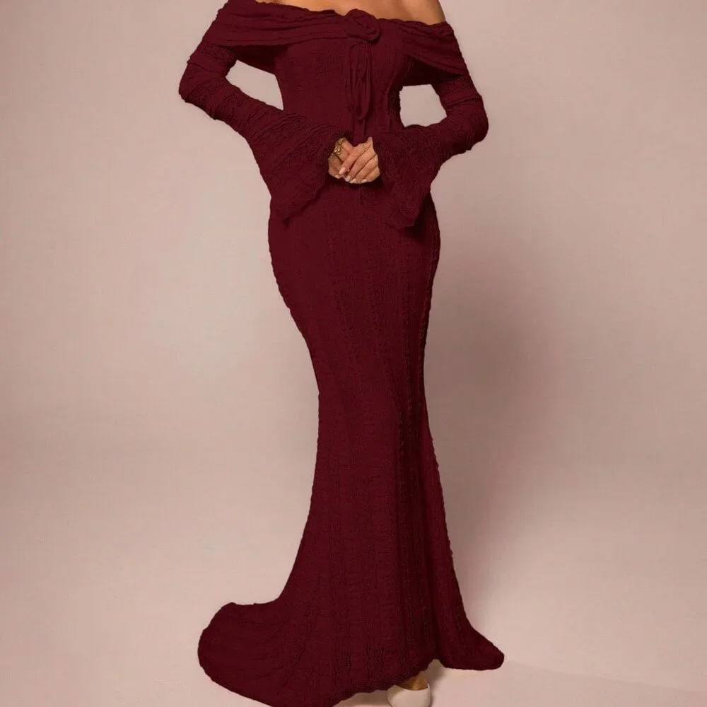 Burgundy Elegant Women's Off-Shoulder Maxi Dress - Picture 5 of 8